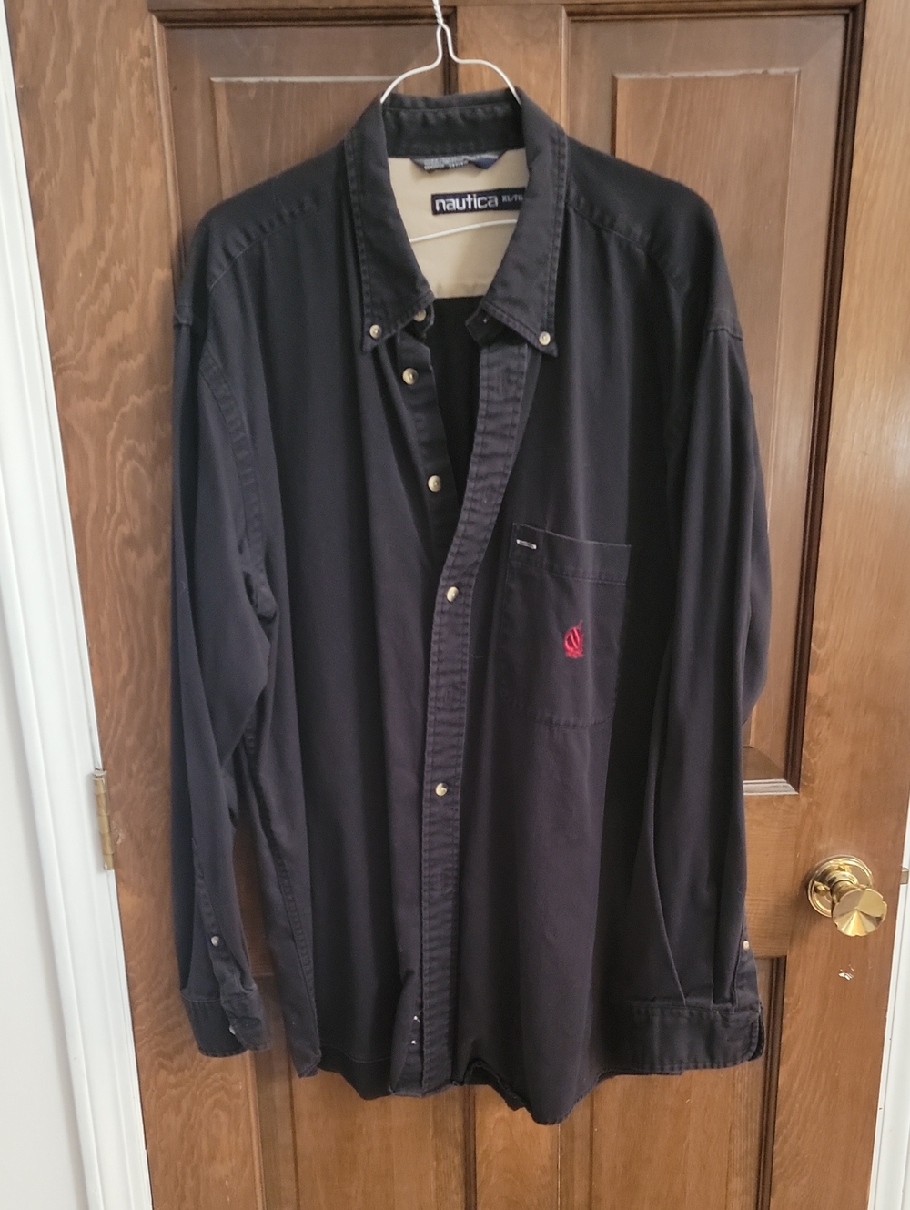 Nautica Black Long-Sleeve Casual Button-Down Shirt with Red Logo